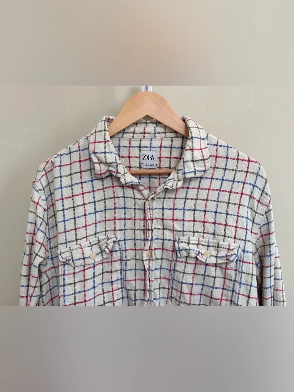 Zara XL Cream Multicolor Plaid Oversized Button-Down Flannel Shirt